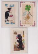 Postcards, Silks, an animal mix of 3 embroidered silk cards, inc. a brown begging dog standing on