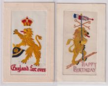 Postcards, Silks, 2 patriotic embroidered silk cards each showing a standing lion. The first holding