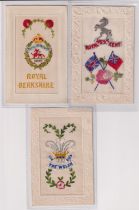 Postcards, Silks, 3 military embroidered badges with 'Royal West Kent' showing prancing horse