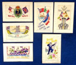 Postcards, Silks, a Naval mix of 6 embroidered silk cards, inc. 'A Kiss from France' showing full