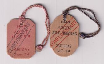 Horse Racing Badges, Ascot, two wartime card badges for meetings held on 10 July & 2 August 1943,