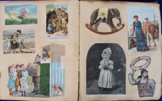 Ephemera, Victorian Scrap Album containing 30+ pages of scraps laid down double sided. Subjects