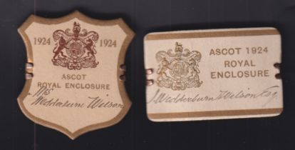 Horse Racing Badges, Royal Ascot, two Royal Enclosure card badges for 1924, ladies & gents examples,