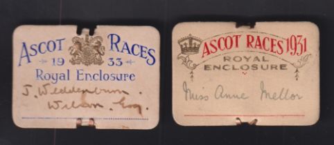 Horse Racing Badges, Royal Ascot, two rectangular Royal Enclosure card badges for 1931 & 1933, brass