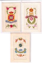 Postcards, Silks, 3 military regimental badges with Worcestershire, Hampshire and Wiltshire