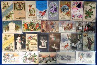 Postcards, Christmas Greetings 150+ cards to include embossed, motor cars, snowman, Father
