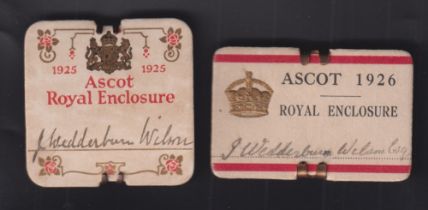 Horse Racing Badges, Royal Ascot, two Royal Enclosure card badges for 1925 (square) & 1926 (
