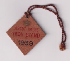 Horse Racing badge, Royal Ascot, a triangular Ascot Races Iron Stand badge, 1939, original cord