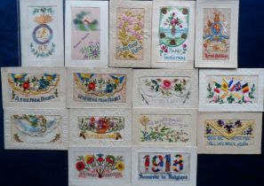 Postcards, Military Silks, 15 cards to include Northumberland Fusiliers (gd), greetings, Mother,