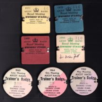 Horse Racing Badges, Royal Ascot, 7 different cards badges, three circular Trainer's Badges for