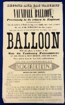 Ephemera, Hot Air Balloon, an original poster advertising the ascent of the Vauxhall Balloon on