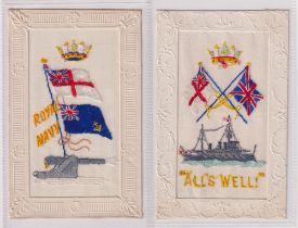 Postcards, Silks, 2 Royal Navy embroidered silks, inc. 'All's Well' showing battleship below crossed