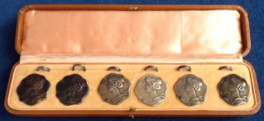 Collectables, a boxed set of 6 Art Nouveau Silver buttons showing the head of a beautiful woman. 5