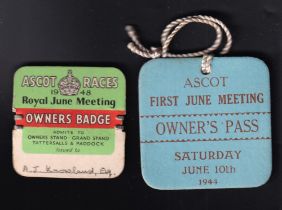 Horse Racing Badges, Royal Ascot, two square Royal Ascot Owners badges, one for 10 June 1944 with