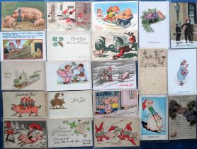 Postcards, Pigs, 45+ cards, comic, greetings, UK and foreign (gen gd)