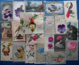 Postcards, Novelty, 70+ cards to include fold up tissue fan, fold up bee, pop up New Year's Day