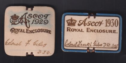 Horse Racing Badges, Royal Ascot, two Royal Enclosure card badges for 1929 (square) & 1930 (