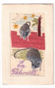 Postcard, Silks, a scarce French patriotic embroidered silk card showing 2 rats climbing a wall, and