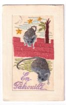 Postcard, Silks, a scarce French patriotic embroidered silk card showing 2 rats climbing a wall, and