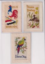 Postcards, Silks, an animal mix of 3 embroidered silk cards, inc. 2 brown cranes standing next to