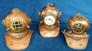 Collectables, 3 small replica copper and brass diving helmets, one turned into a clock (approx sizes