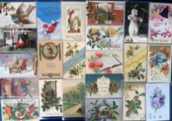 Postcards, Christmas Greetings 150+ cards to include embossed, motor cars, snowman, Father