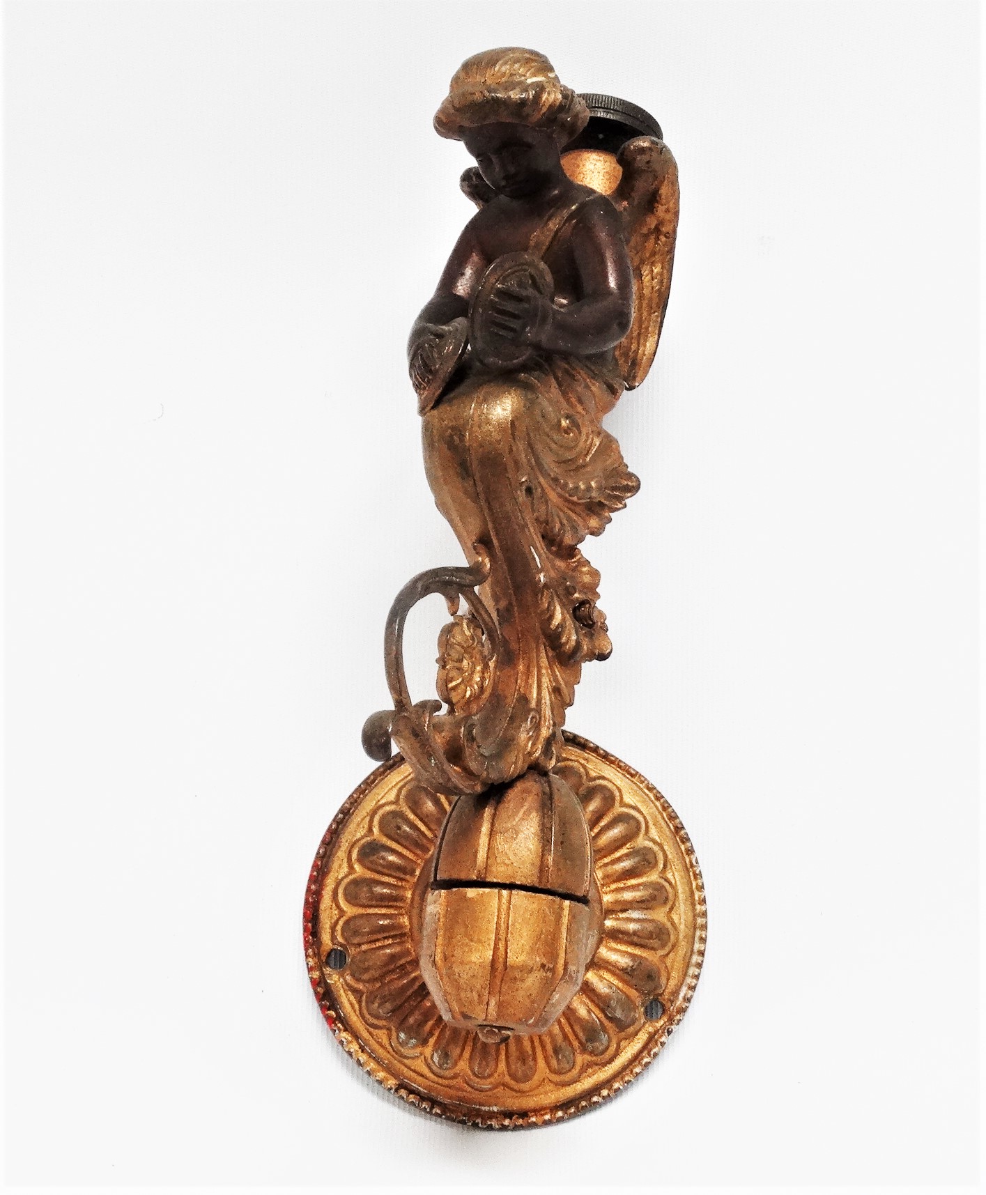 A late 19th century gilt bronze wall light - modelled as a cherub holding cymbols, height 25cm