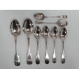 A pair of silver desert spoons - Glasgow 1848, fiddle back with shell motif, together with six other