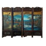 An early 20th century Japanese four fold screen - the panels depicting landscape scenes with