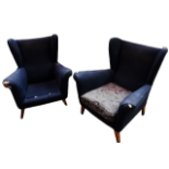 Howard Keith chairs - a pair of 'Ambassador' wing back chairs, upholstered in original blue ribbed