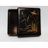A late Meiji period Japanese box and cover - gilt decorated with a crane amongst rushes, height 4cm,