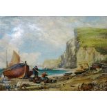 EDWARD WILLIAM COOKE (British 1811-1880), Figures in a Rocky Cove with Beached Boats, oil on canvas,
