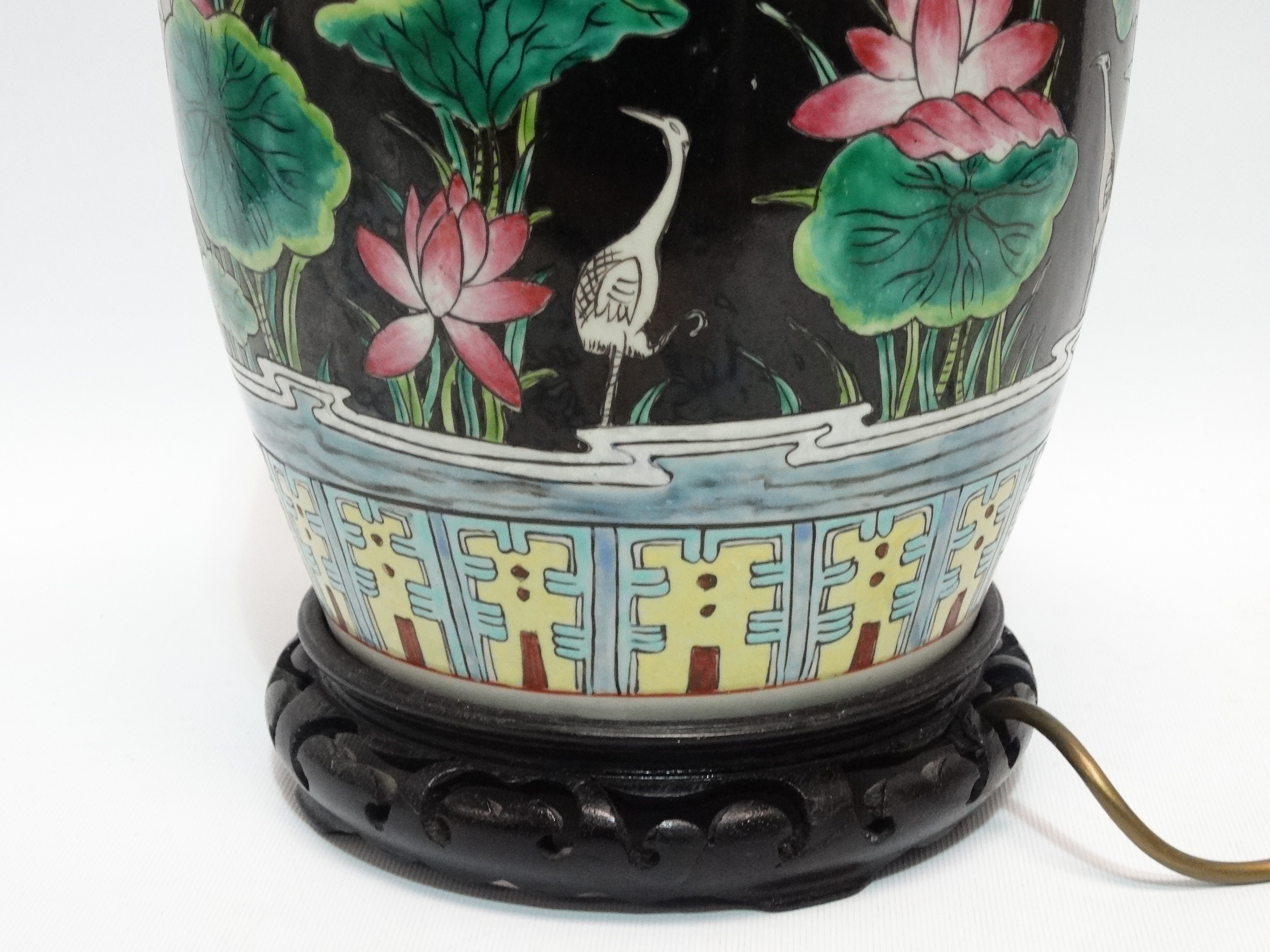 A Chinese 20th century vase - converted to a lamp, decorated with aquatic flowers and foliage on a - Image 2 of 4