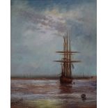D LONG (British 20th century), Ship at Anchor, oil on canvas, signed lower left, framed, 49cm x