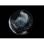 A Scandinavian clear glass paperweight - of circular form and modelled with a wren, signed and