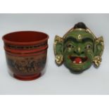 An Indonesian mask - green with gilt decoration, height 24cm, together with a papier mache bowl,