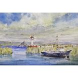 RON RIPLEY (British 20th century), Newlyn Harbour, Watercolour, Signed lower right, title to label
