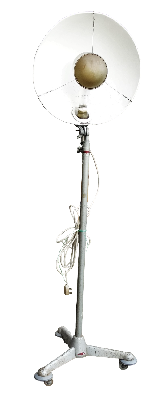 A 20th century photographer's studio light by Malham - the large dished shade on an adjustable