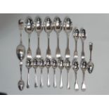 A set of six silver plated fiddle back dessert spoons - together with a small quantity of silver