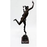After Giambologna - a Grand Tour bronze figure of Mercury, on red and white veined marble base,