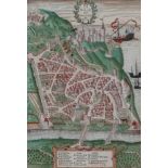 La Ville et Chasteav de Nice 18th century engraved plan of Nice Hand coloured Framed Picture size 29