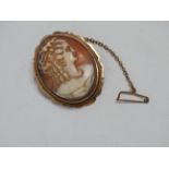 A cameo brooch - depicting a female figure with ringlets within a 9ct yellow gold frame, weight 10.