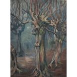 F. H. Britsh 20th century, Pollarded Tree in a Dense Woodland, oil on canvas laid down, signed