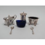 A three piece cruet - Birmingham 1964, Alexander Smith, salt and mustard with spoons and blue