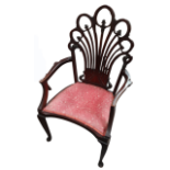 An Edwardian mahogany side chair - with a fan shpaed back above open arms and upholstered seat, on