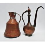 A middle eastern copper jug - with a planished finish, height 32cm, together with copper coffee
