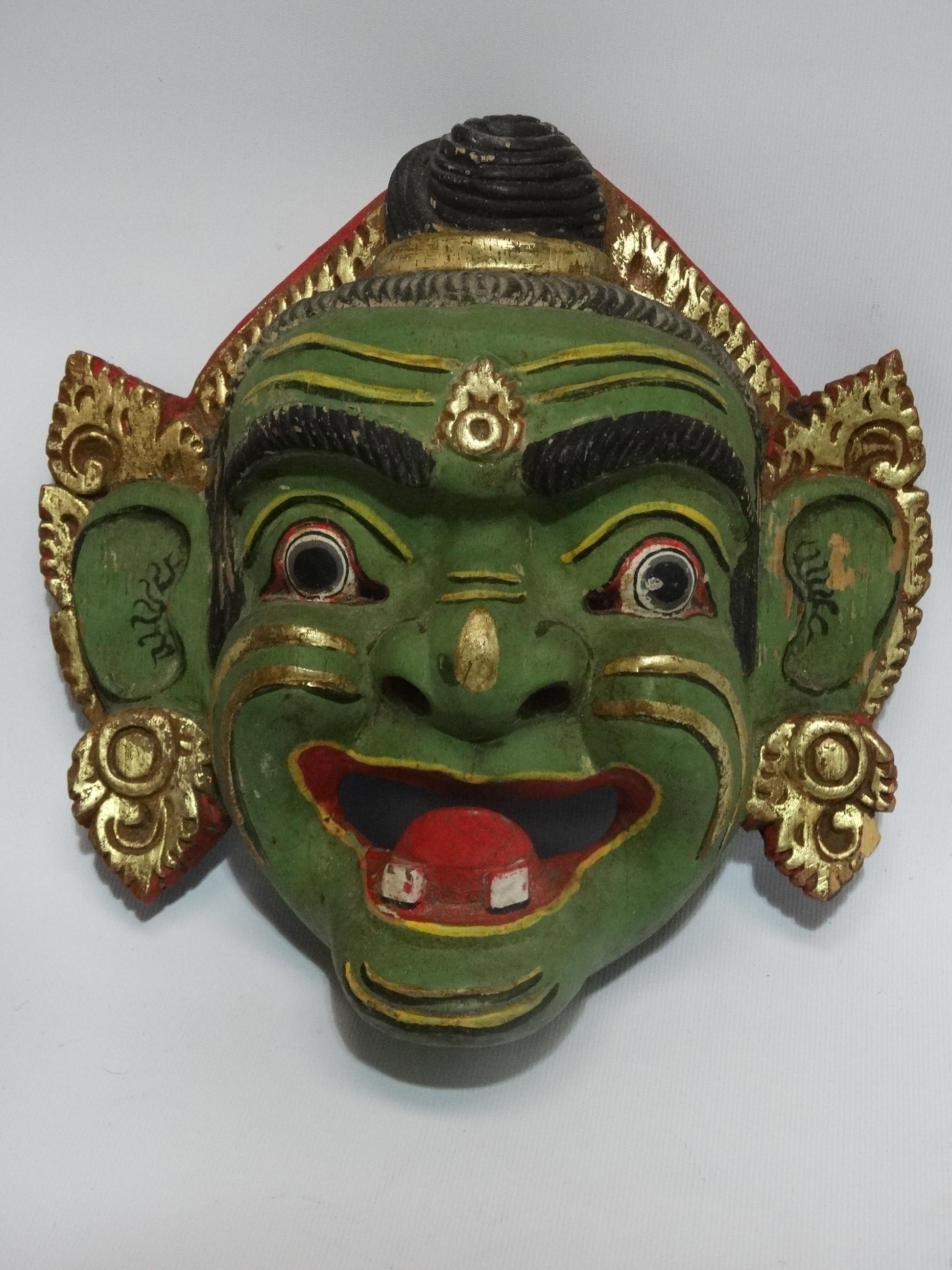 An Indonesian mask - green with gilt decoration, height 24cm, together with a papier mache bowl, - Image 2 of 3