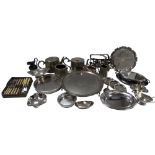 A silverplated tea service - the three pieced decorated with a foliate repousse pattern, together