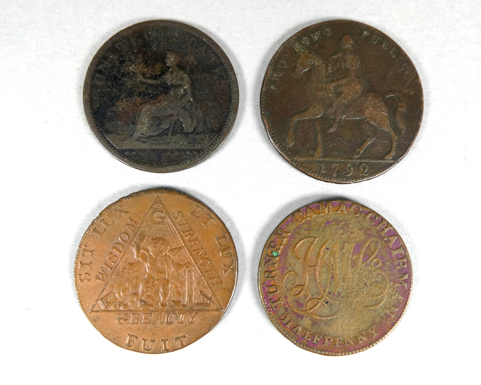 Four tokens - to include, Masonic Prince of Wales elected G.M. 1790, Turner Canal 1/2d 1792, - Bild 2 aus 2