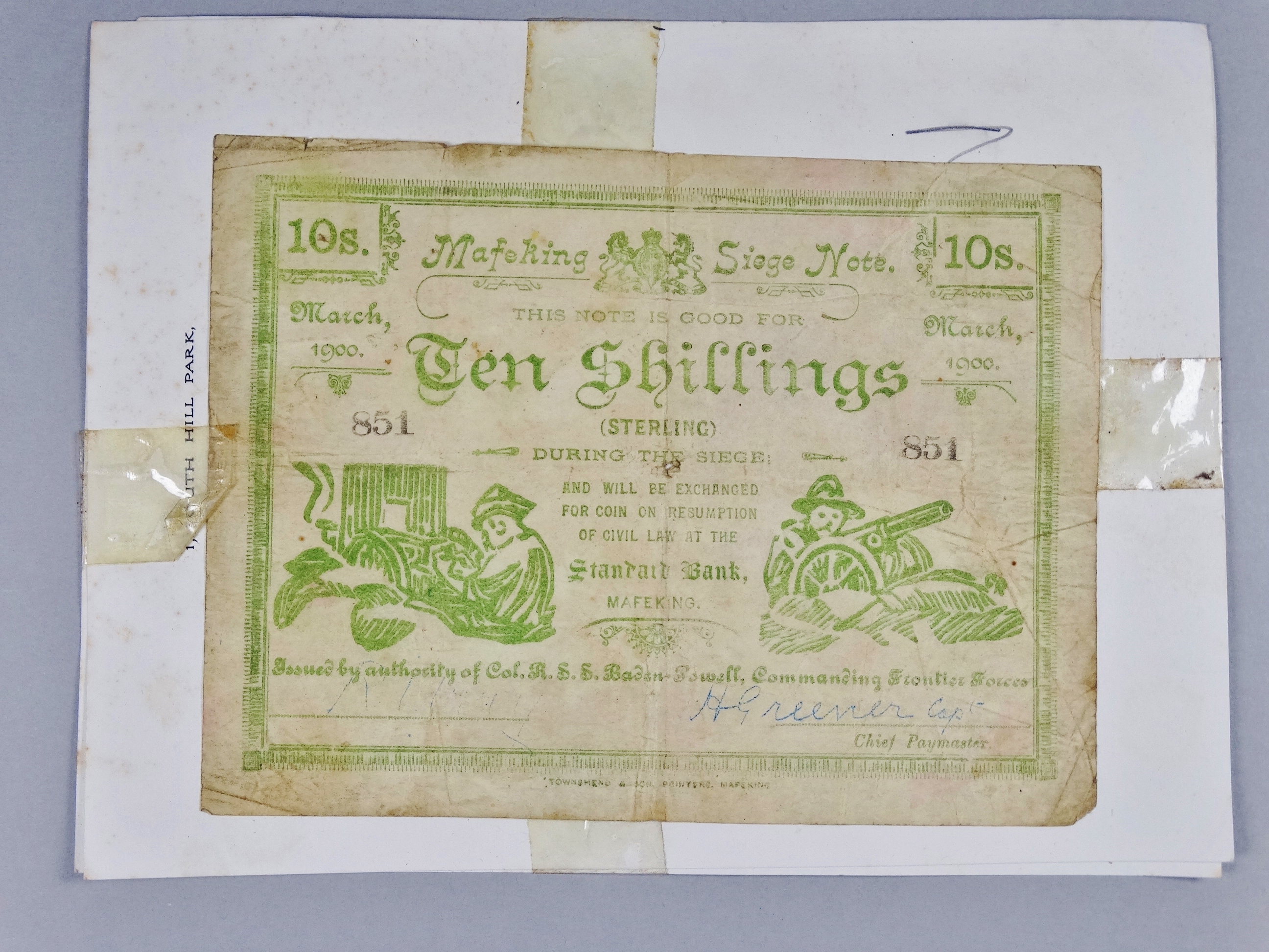 A Mafeking Ten Shillings Siege note - No 851, Standard Bank, signed by Captain H Greener, Chief